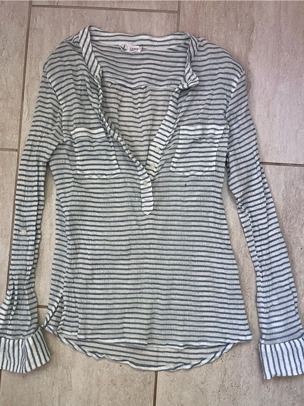 Carve Designs White Blue Striped Sheer Button Up Top Coastal Resort M